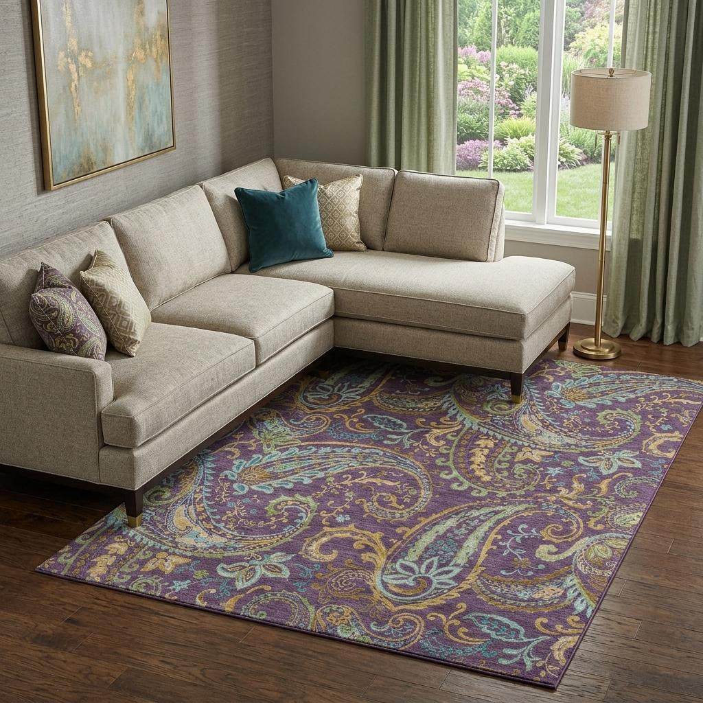 8 X 10 Purple Green And Blue Paisley Washable Area Rug With UV Protection