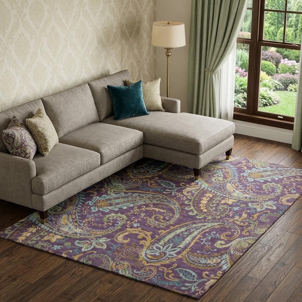9 X 12 Purple Green And Blue Paisley Washable Area Rug With UV Protection