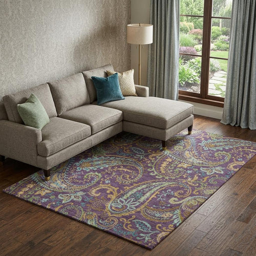 10 X 14 Purple Green And Blue Paisley Washable Area Rug With UV Protection