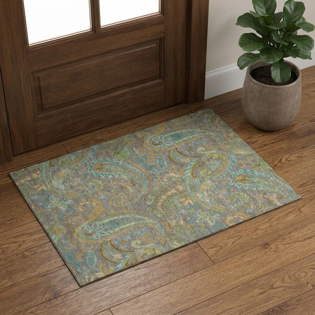 3 X 5 Taupe Green And Blue Paisley Washable Area Rug With UV Protection