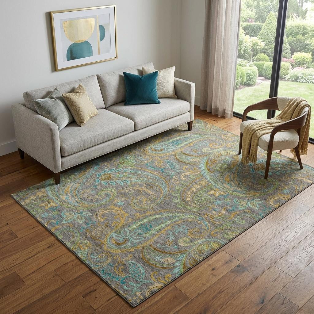 5 X 8 Taupe Green And Blue Paisley Distressed Washable Area Rug With UV Protection