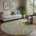 8 Taupe Green And Blue Paisley Washable Round Rug With UV Protection
