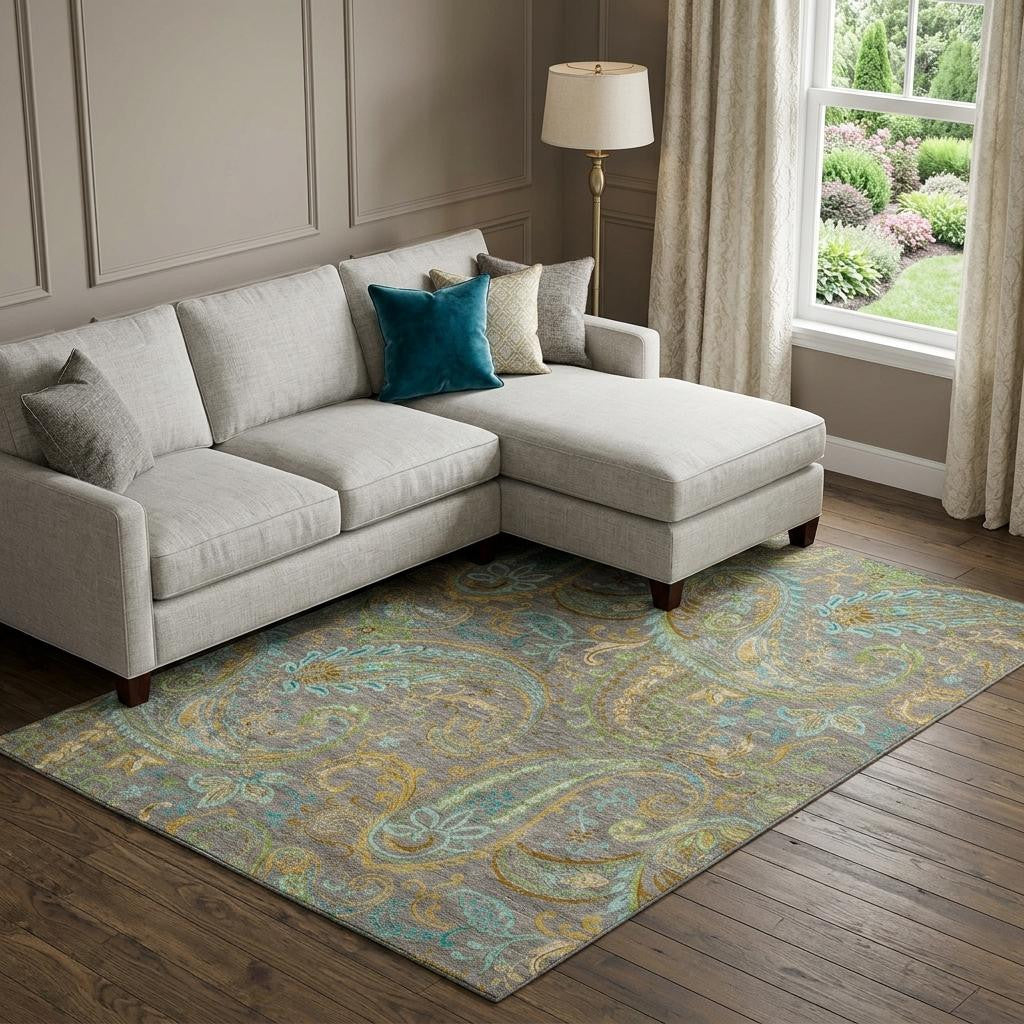 8 X 10 Taupe Green And Blue Paisley Distressed Washable Area Rug With UV Protection