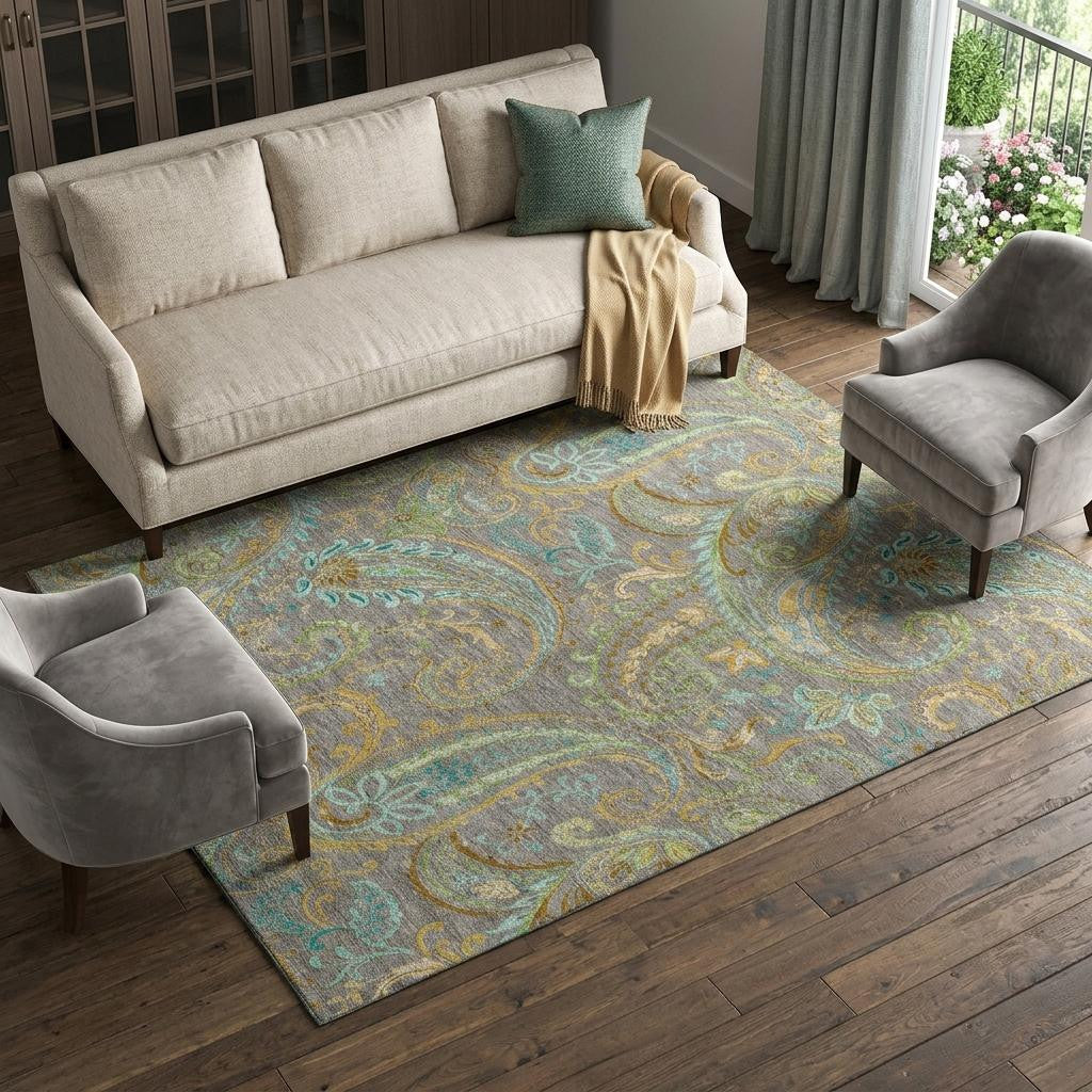 10 X 14 Taupe Green And Blue Paisley Washable Area Rug With UV Protection