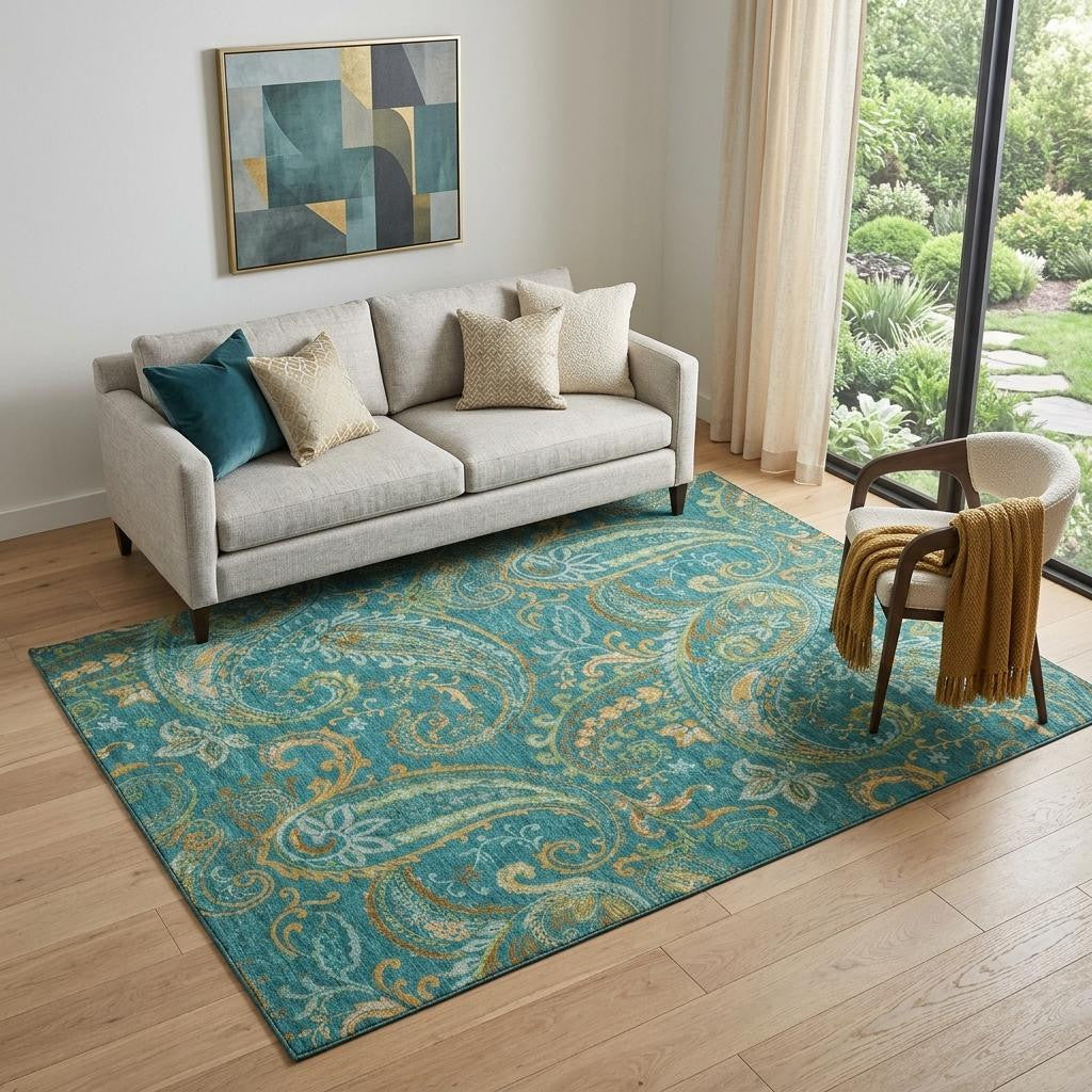 5 X 8 Teal Green And Gold Paisley Washable Area Rug With UV Protection