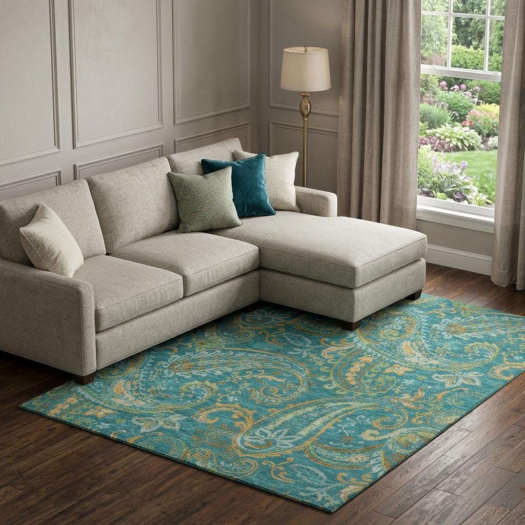 8 X 10 Teal Green And Gold Paisley Washable Area Rug With UV Protection