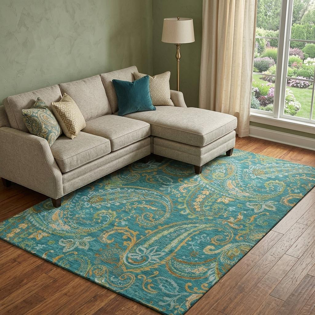 9 X 12 Teal Green And Gold Paisley Distressed Washable Area Rug With UV Protection