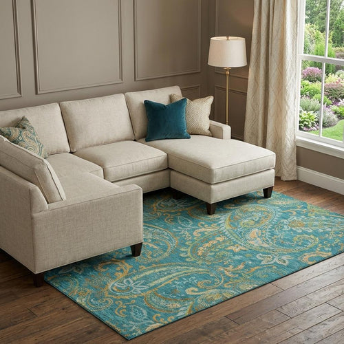 10 X 14 Teal Green And Gold Paisley Distressed Washable Area Rug With UV Protection