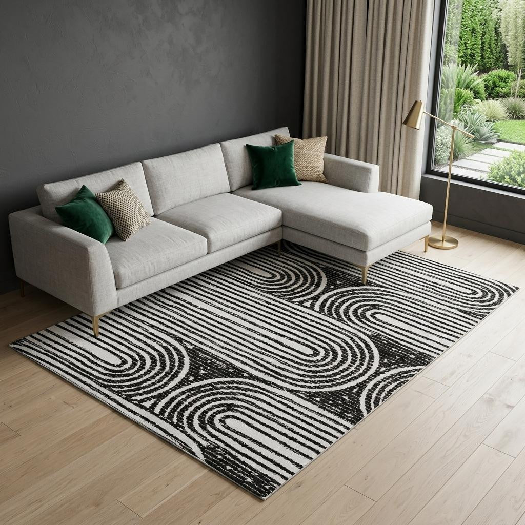 9 X 12 Black And Ivory Geometric Distressed Washable Area Rug With UV Protection