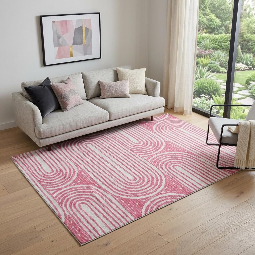 5 X 8 Blush And Ivory Geometric Distressed Washable Area Rug With UV Protection