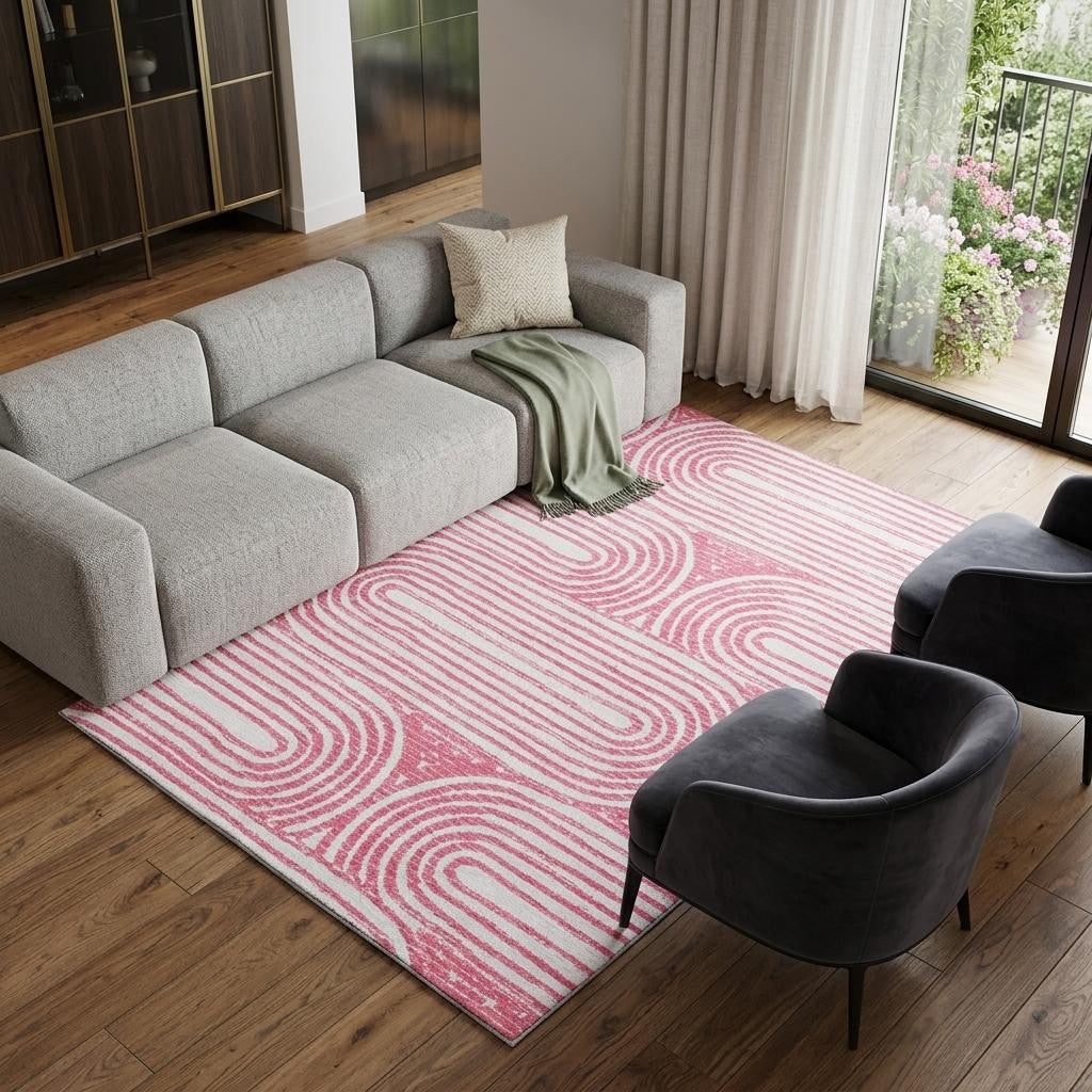 8 X 10 Blush And Ivory Geometric Distressed Washable Area Rug With UV Protection