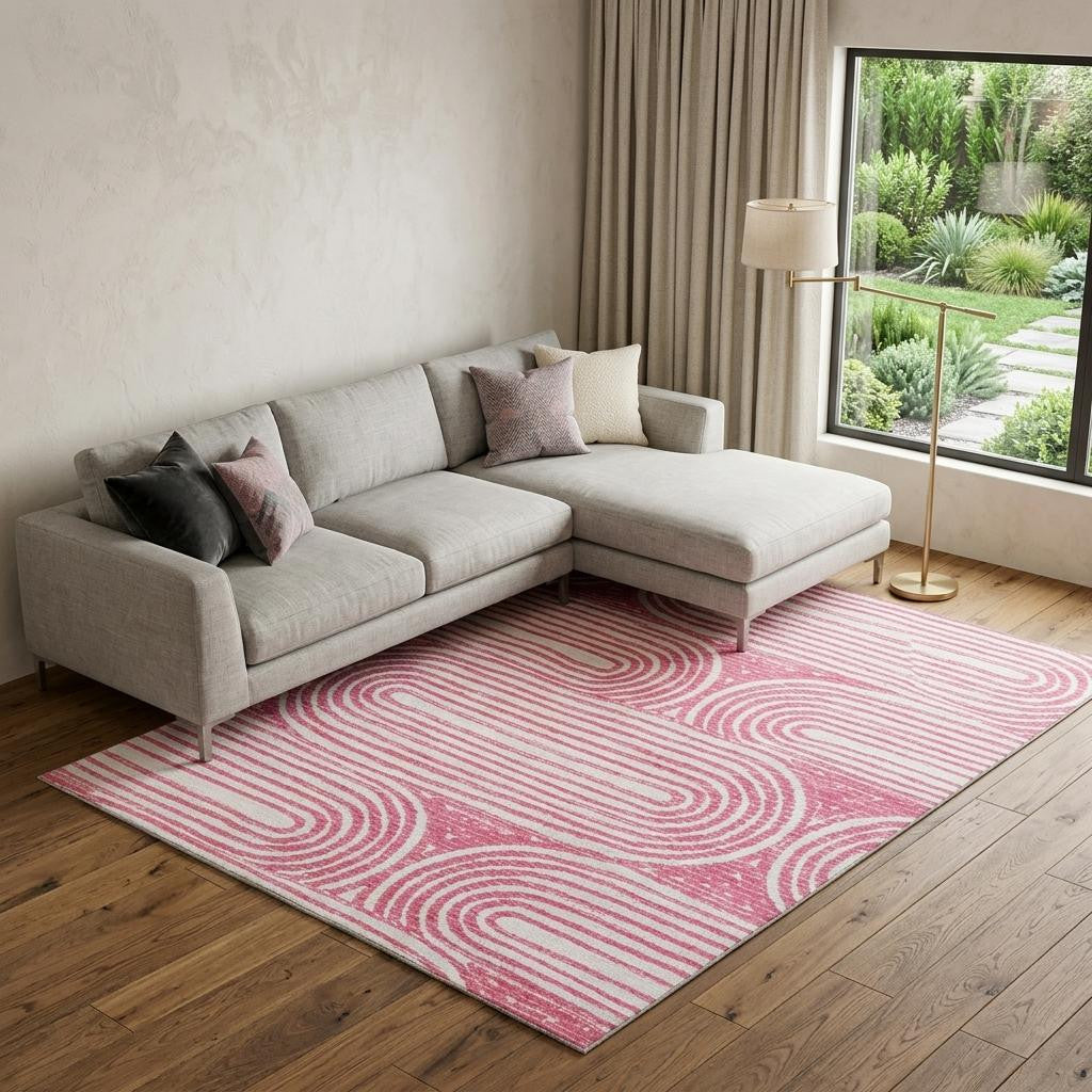 9 X 12 Blush And Ivory Geometric Distressed Washable Area Rug With UV Protection