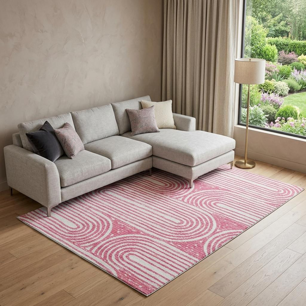 10 X 14 Blush And Ivory Geometric Distressed Washable Area Rug With UV Protection