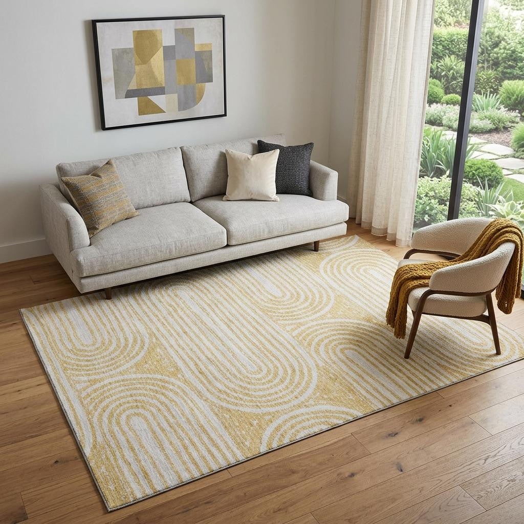 5 X 8 Gold And Ivory Geometric Distressed Washable Area Rug With UV Protection