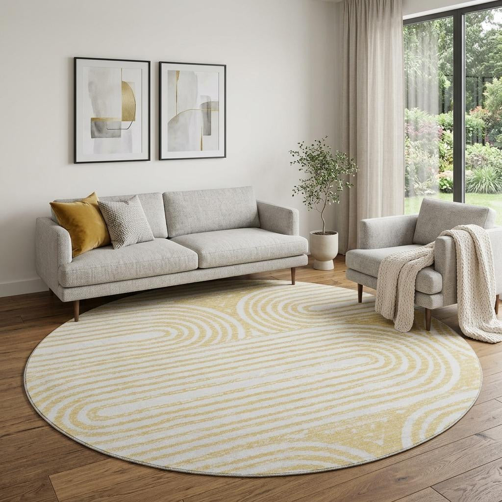 8 Gold And Ivory Geometric Distressed Washable Round Rug With UV Protection