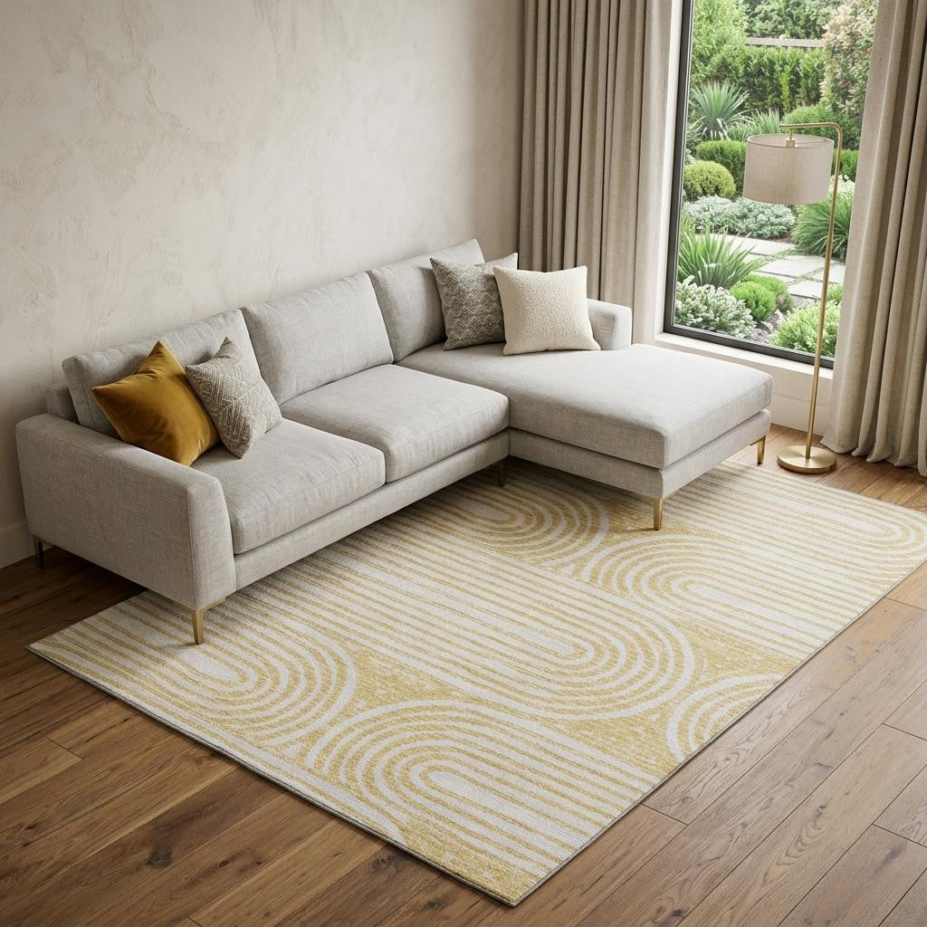 10 X 14 Gold And Ivory Geometric Distressed Washable Area Rug With UV Protection