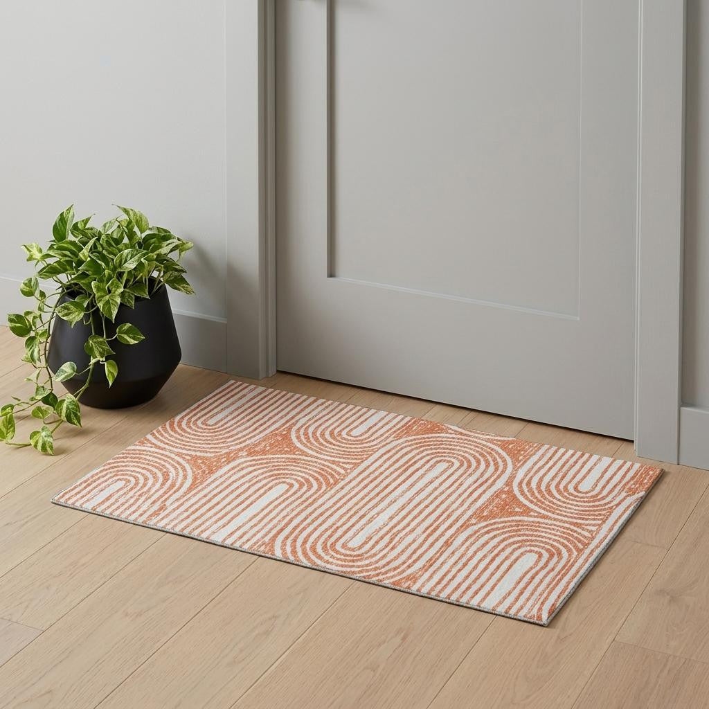 3 X 5 Salmon And Ivory Geometric Washable Area Rug With UV Protection