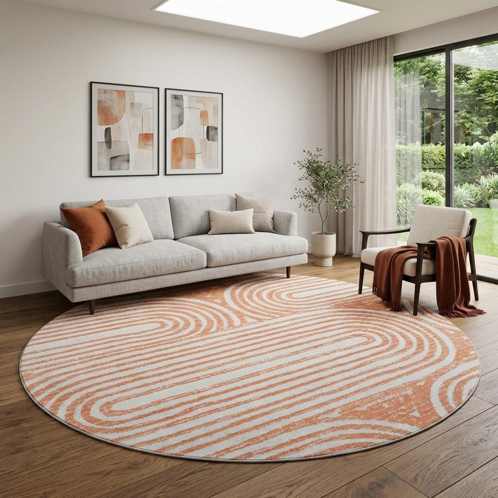 8 Salmon And Ivory Geometric Washable Round Rug With UV Protection