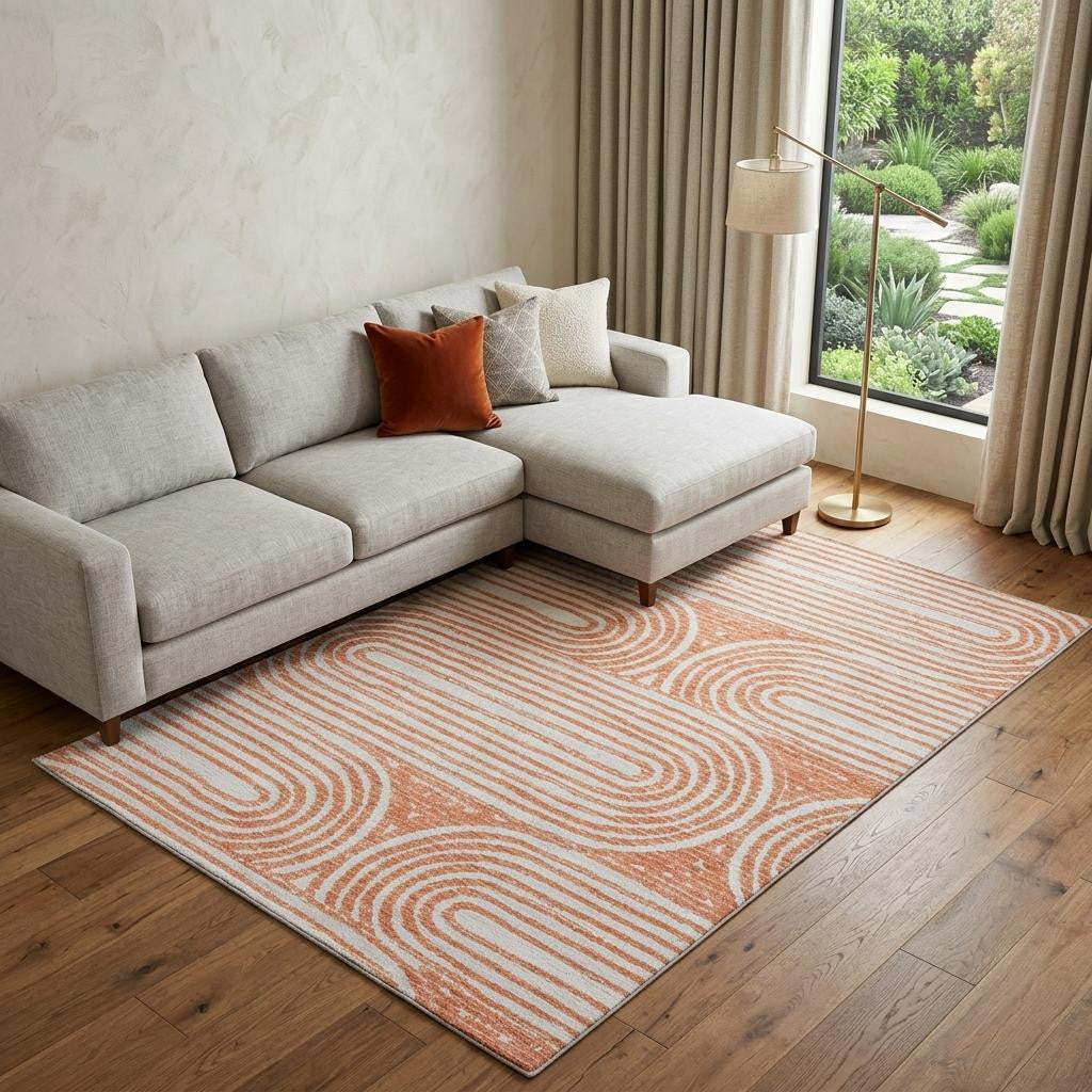 8 X 10 Salmon And Ivory Geometric Distressed Washable Area Rug With UV Protection
