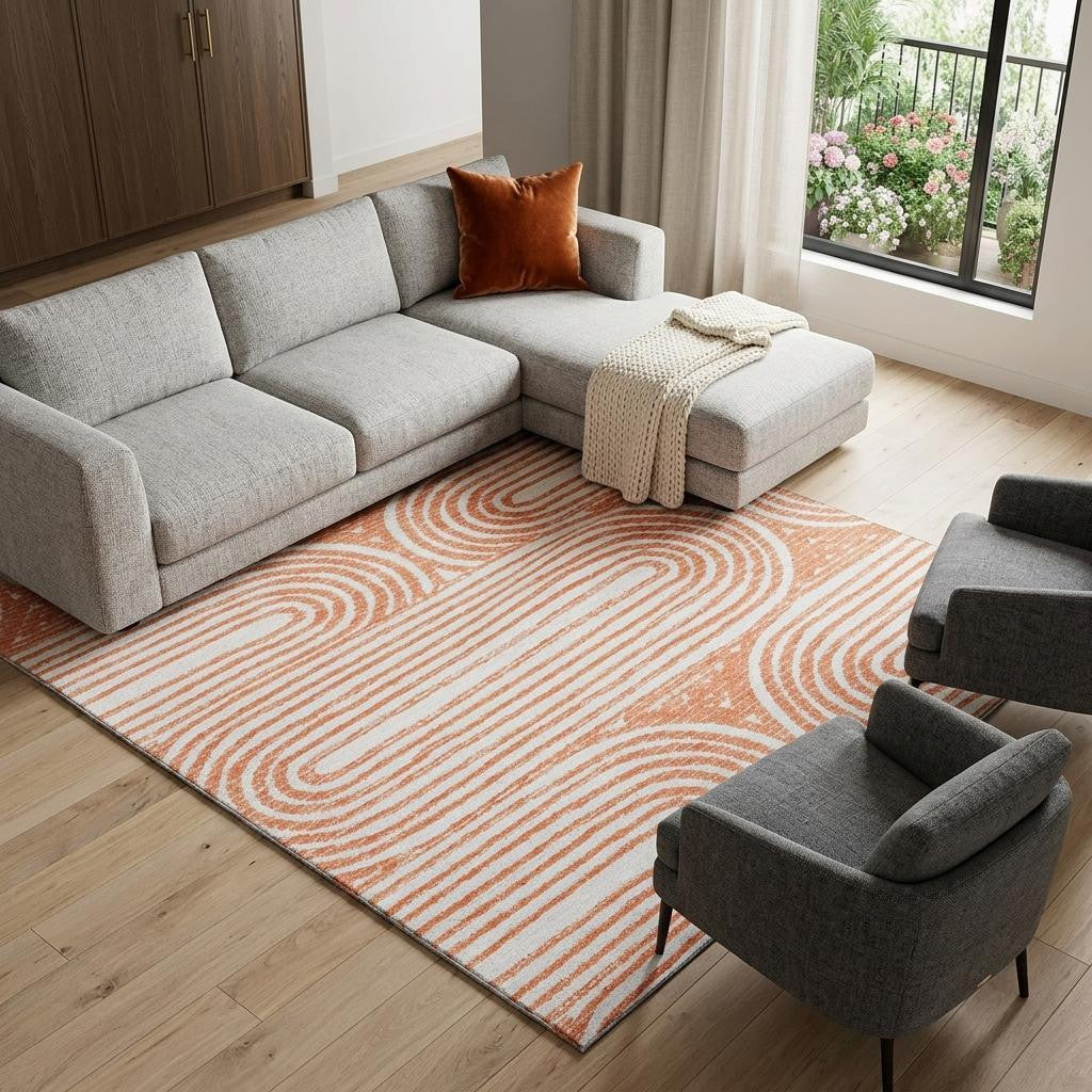 9 X 12 Salmon And Ivory Geometric Washable Area Rug With UV Protection