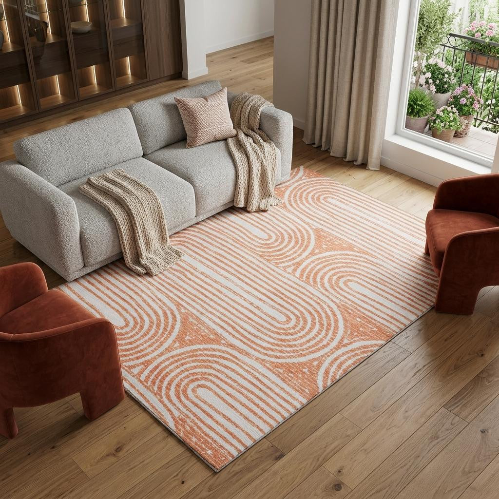 10 X 14 Salmon And Ivory Geometric Washable Area Rug With UV Protection