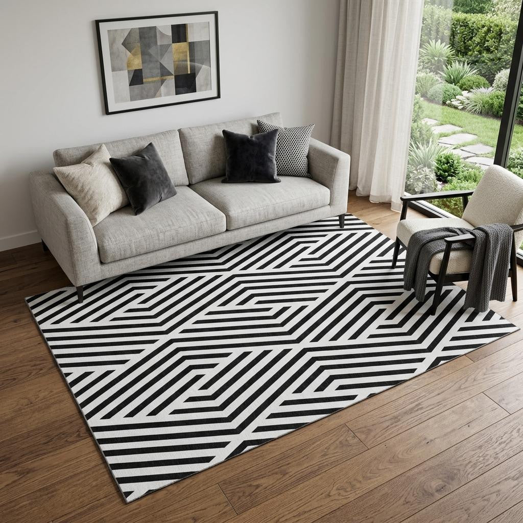 5 X 8 Black And Ivory Geometric Washable Area Rug With UV Protection