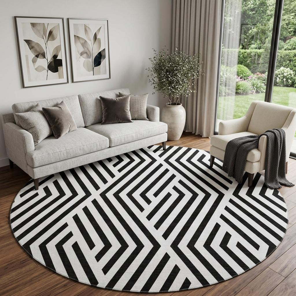 8 Black And Ivory Geometric Washable Round Rug With UV Protection