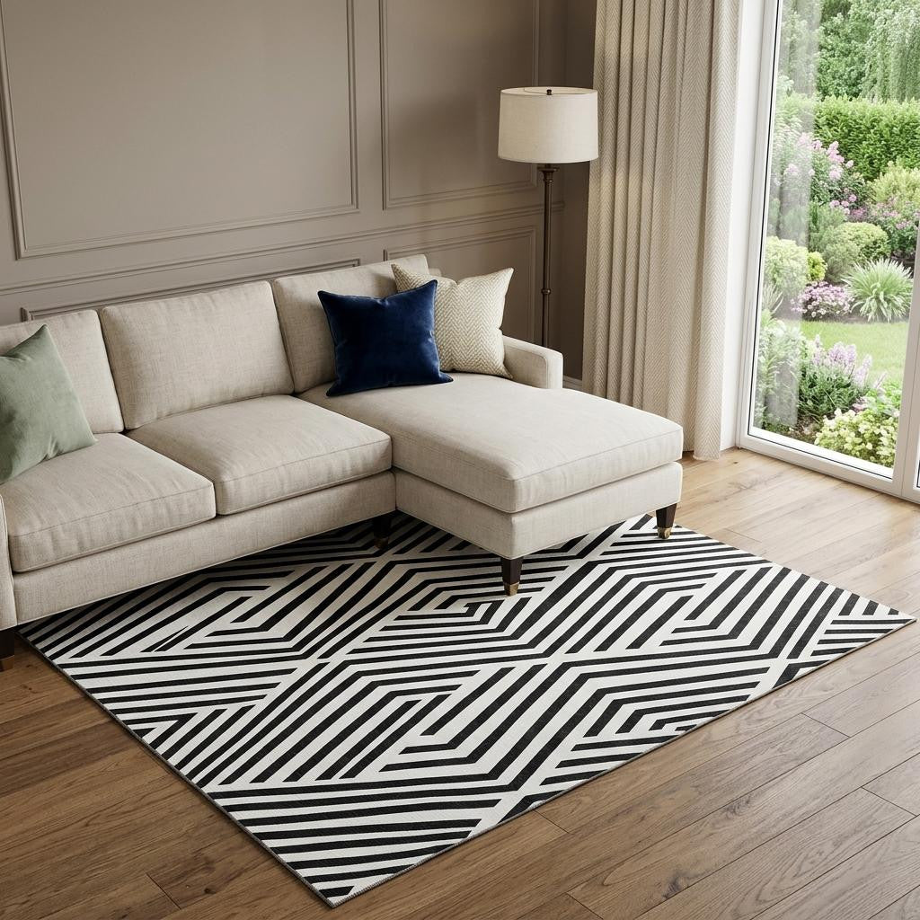 9 X 12 Black And Ivory Geometric Washable Area Rug With UV Protection