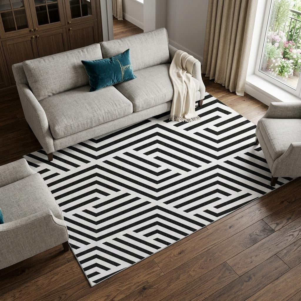 10 X 14 Black And Ivory Geometric Washable Area Rug With UV Protection