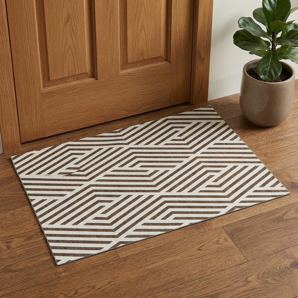 3 X 5 Brown And Ivory Geometric Washable Area Rug With UV Protection