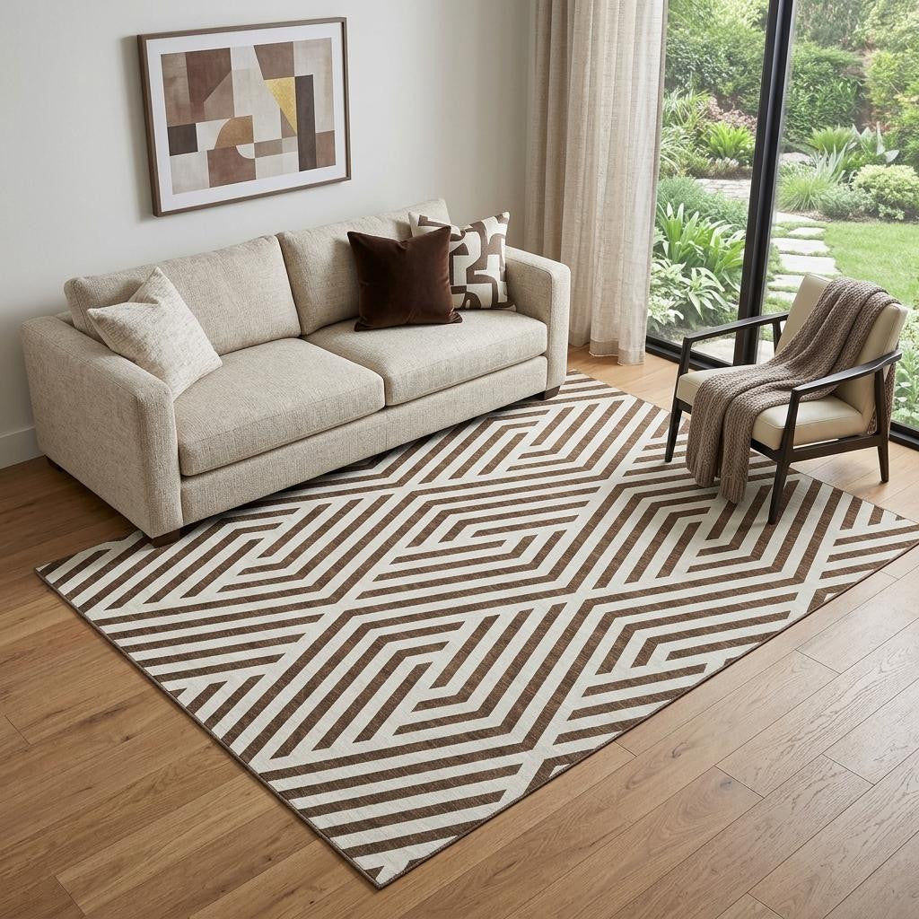 5 X 8 Brown And Ivory Geometric Washable Area Rug With UV Protection