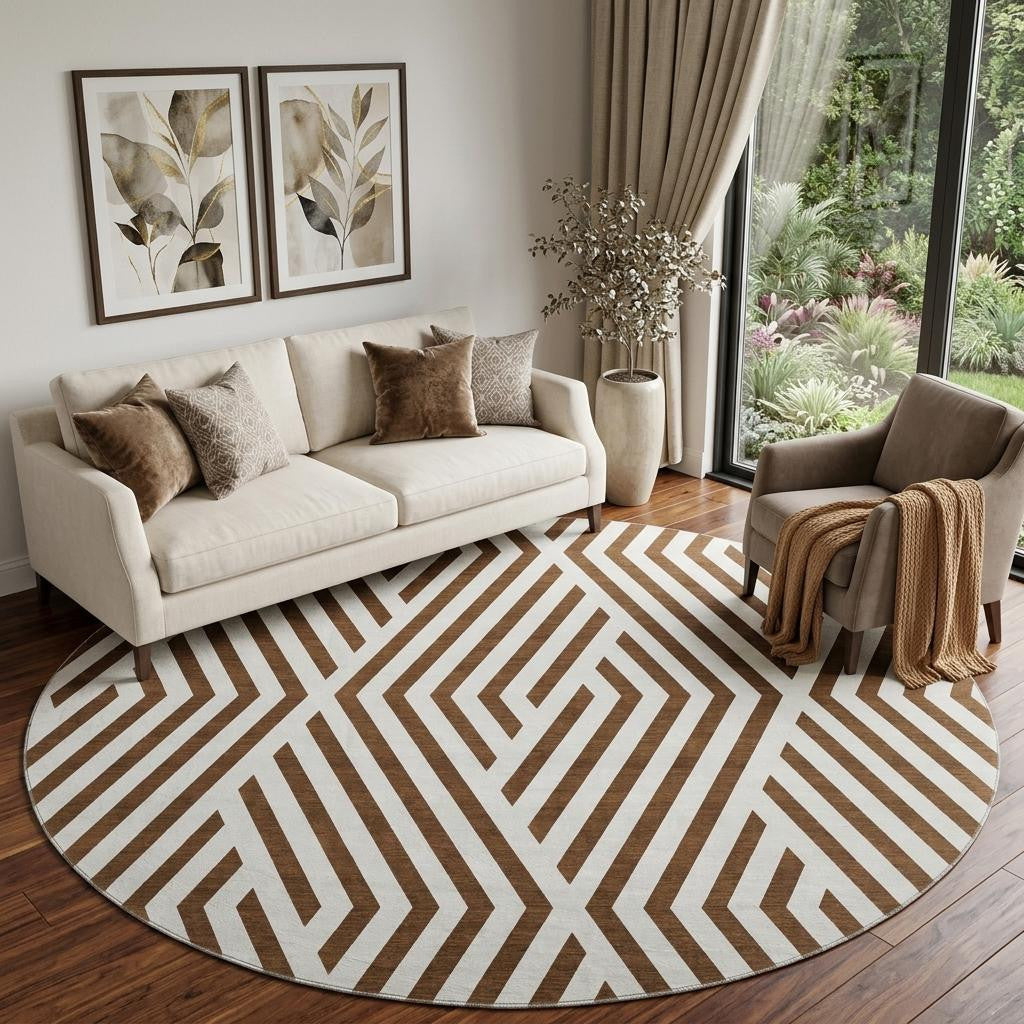 8 Brown And Ivory Geometric Washable Round Rug With UV Protection