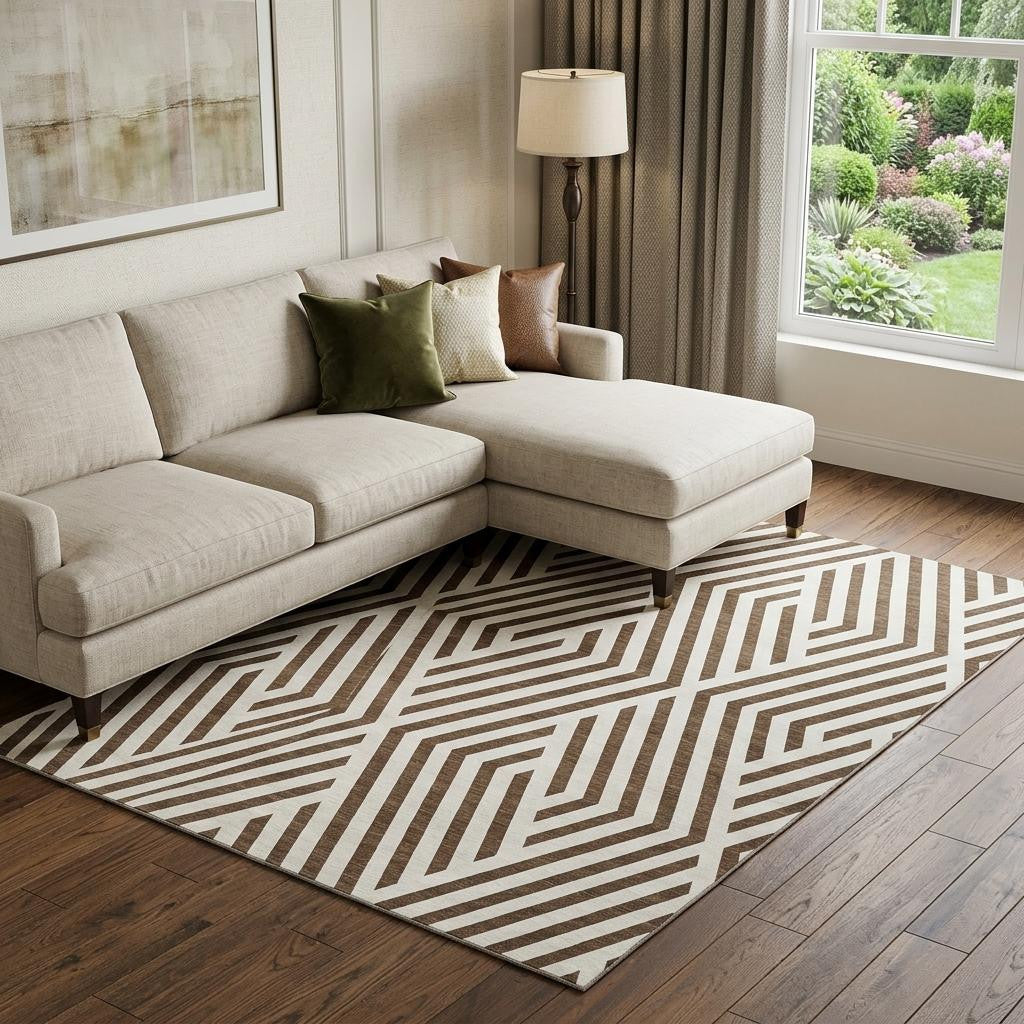 8 X 10 Brown And Ivory Geometric Washable Area Rug With UV Protection