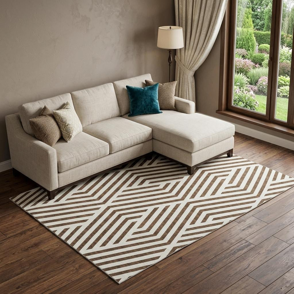 9 X 12 Brown And Ivory Geometric Washable Area Rug With UV Protection