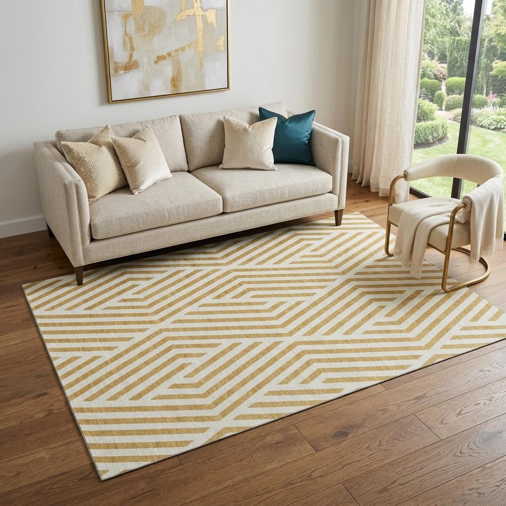5 X 8 Gold And Ivory Geometric Washable Area Rug With UV Protection