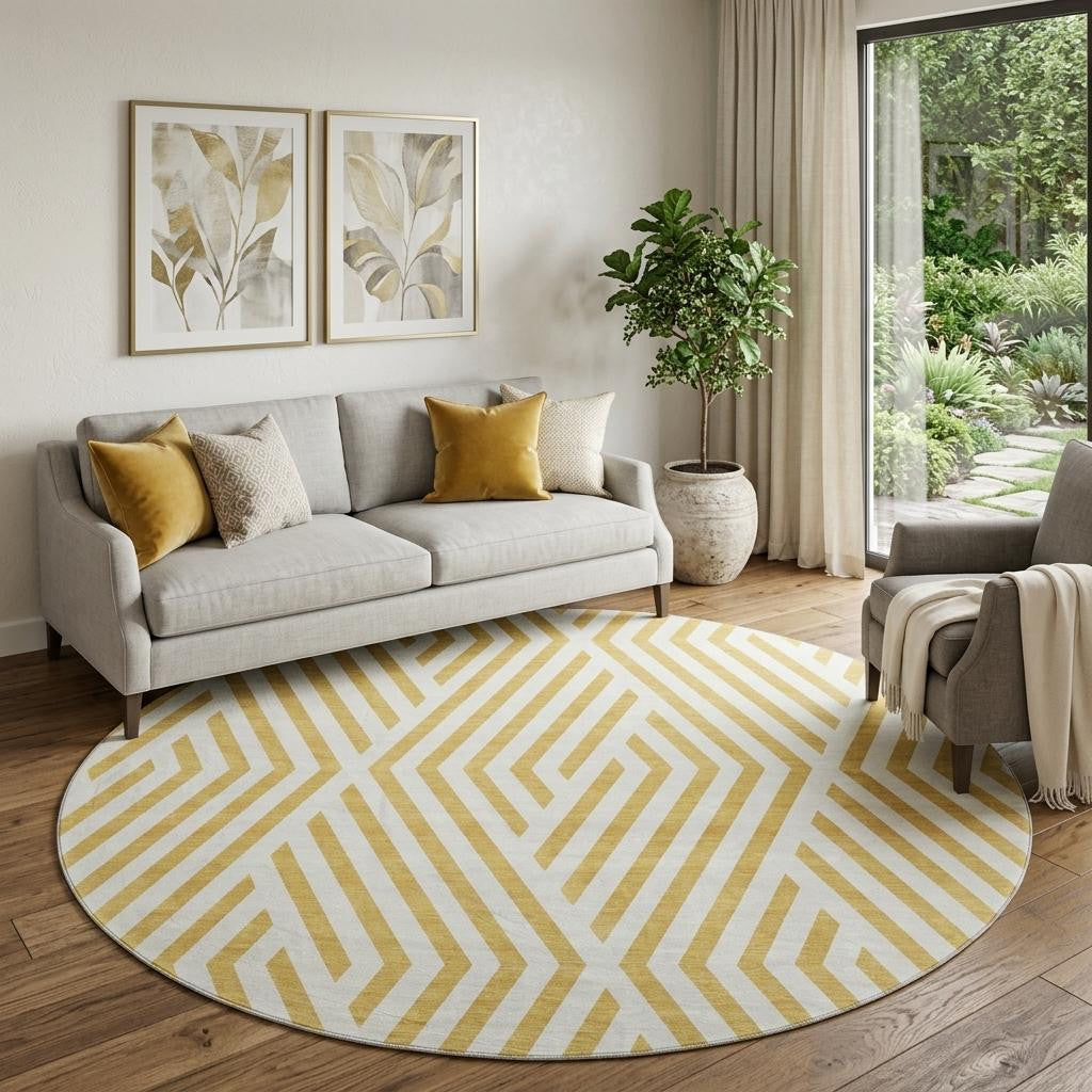 8 Gold And Ivory Geometric Washable Round Rug With UV Protection