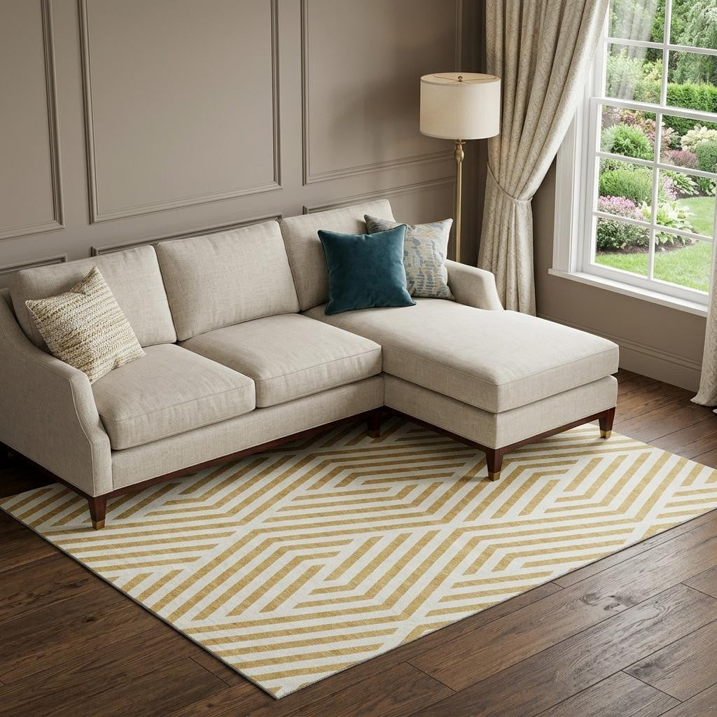 8 X 10 Gold And Ivory Geometric Washable Area Rug With UV Protection