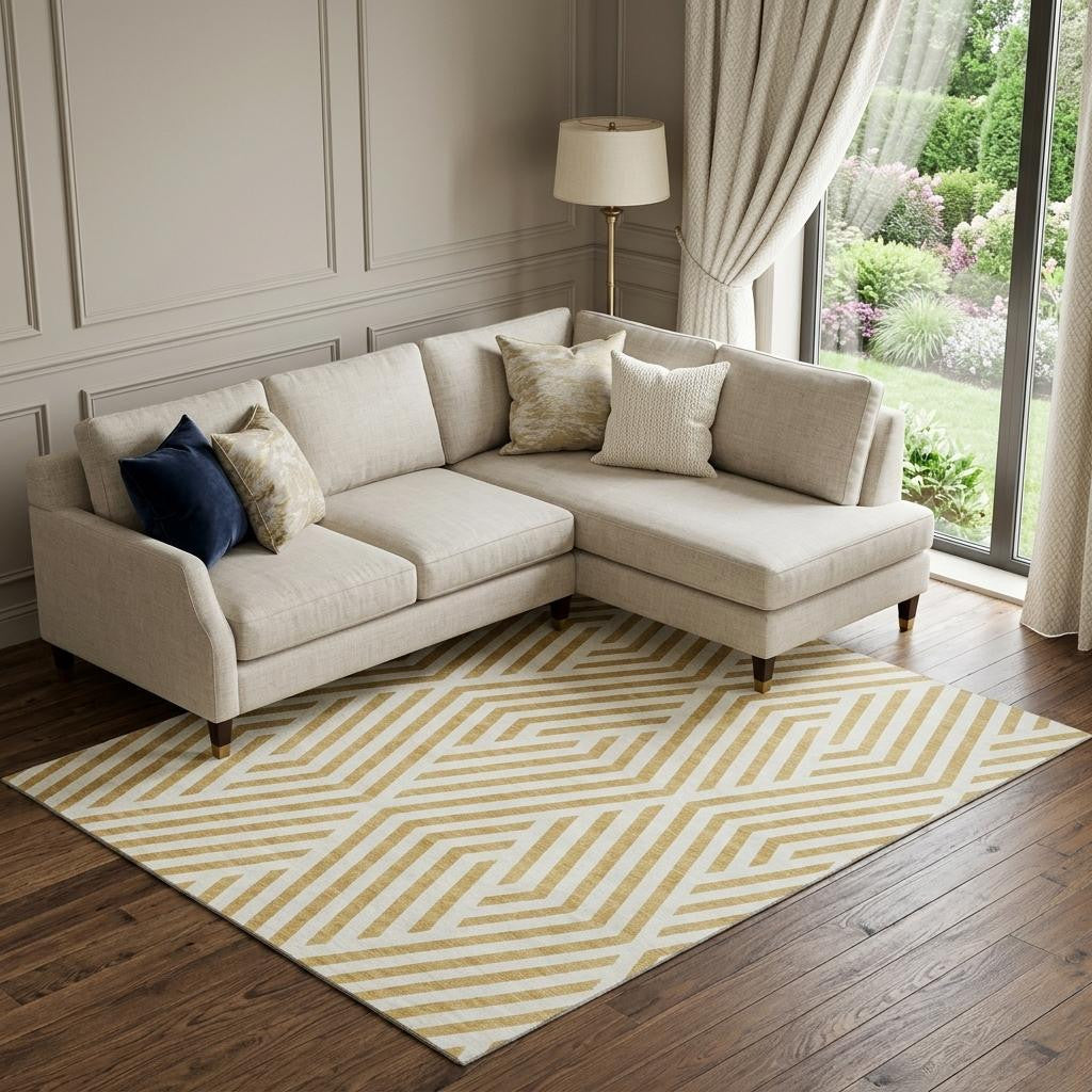9 X 12 Gold And Ivory Geometric Washable Area Rug With UV Protection