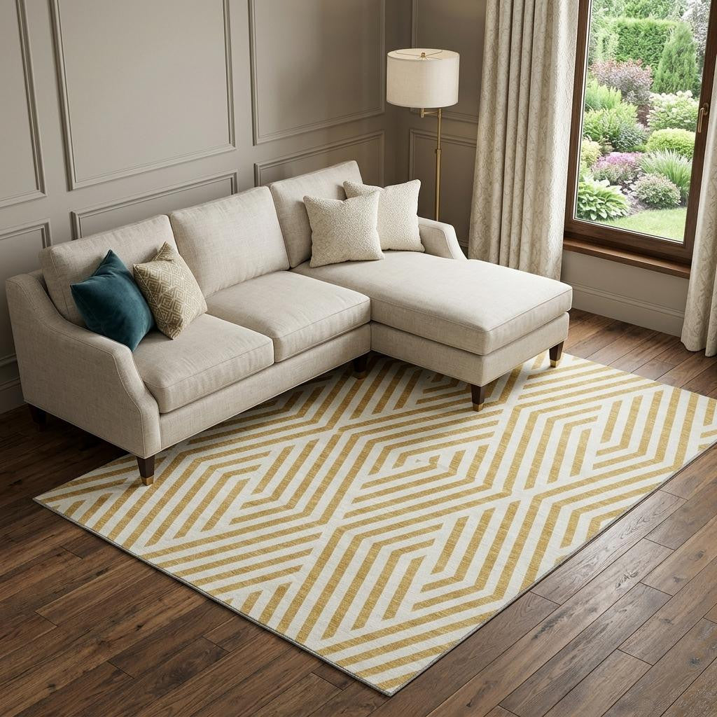 10 X 14 Gold And Ivory Geometric Washable Area Rug With UV Protection