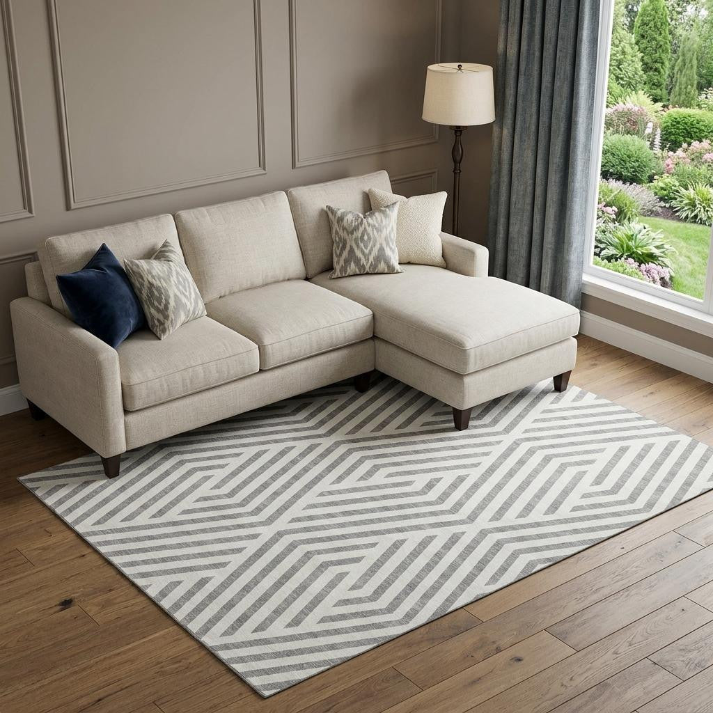 9 X 12 Gray And Ivory Geometric Washable Area Rug With UV Protection