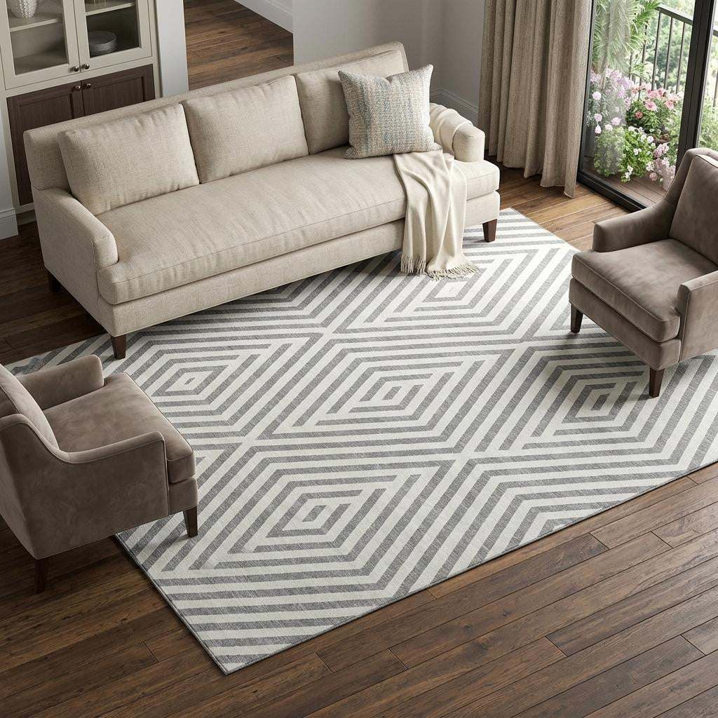 10 X 14 Gray And Ivory Geometric Washable Area Rug With UV Protection