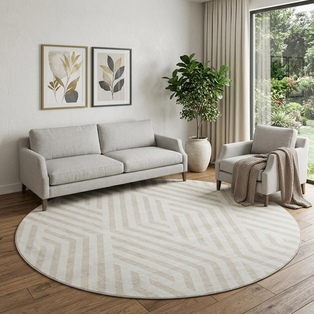 8 Ivory And Beige Geometric Washable Round Rug With UV Protection