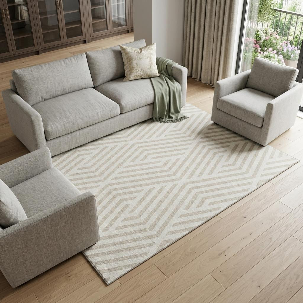 8 X 10 Ivory And Beige Geometric Washable Area Rug With UV Protection