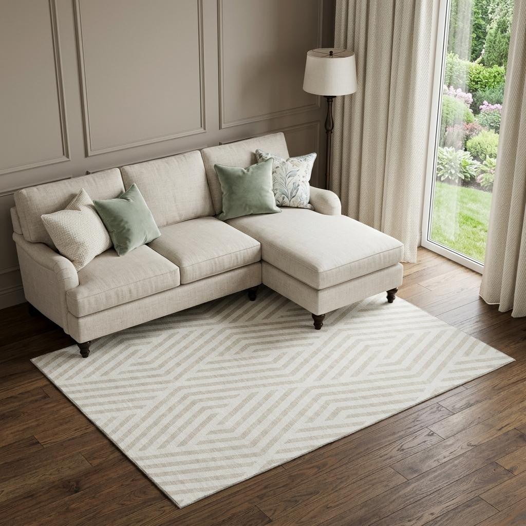 9 X 12 Ivory And Beige Geometric Washable Area Rug With UV Protection