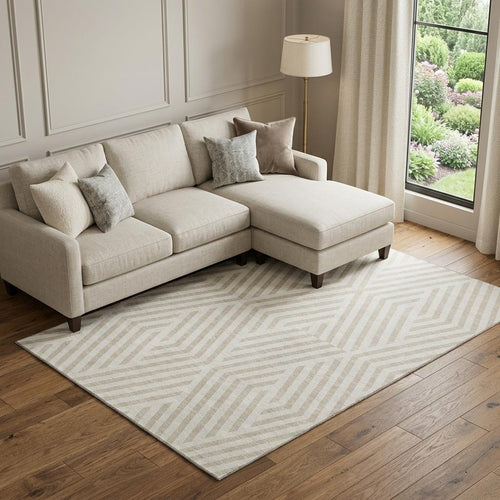 10 X 14 Ivory And Beige Geometric Washable Area Rug With UV Protection