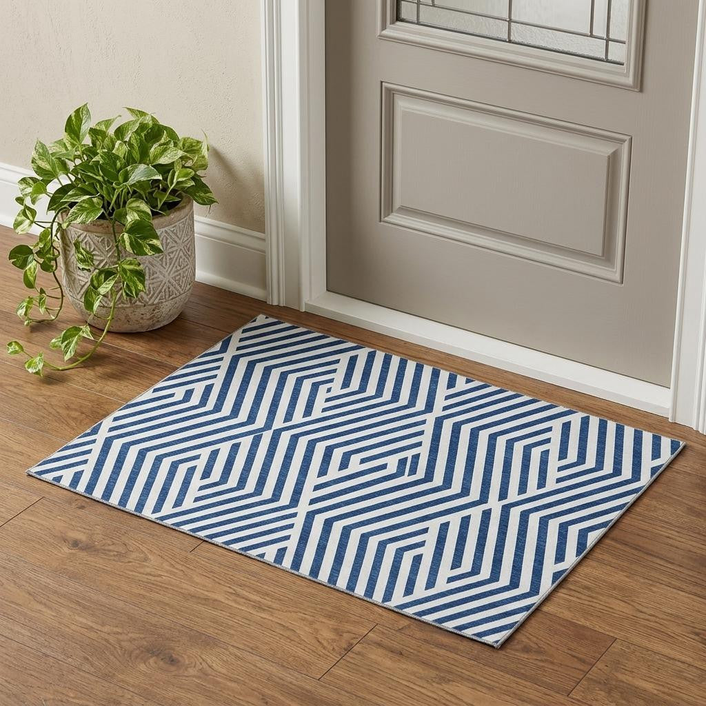 3 X 5 Navy Blue And Ivory Geometric Washable Area Rug With UV Protection