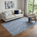 5 X 8 Navy Blue And Ivory Geometric Washable Area Rug With UV Protection