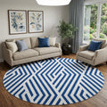 8 Navy Blue And Ivory Geometric Washable Round Rug With UV Protection