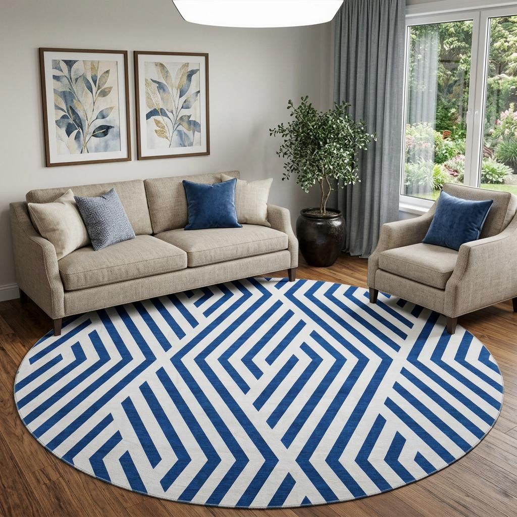 8 Navy Blue And Ivory Geometric Washable Round Rug With UV Protection