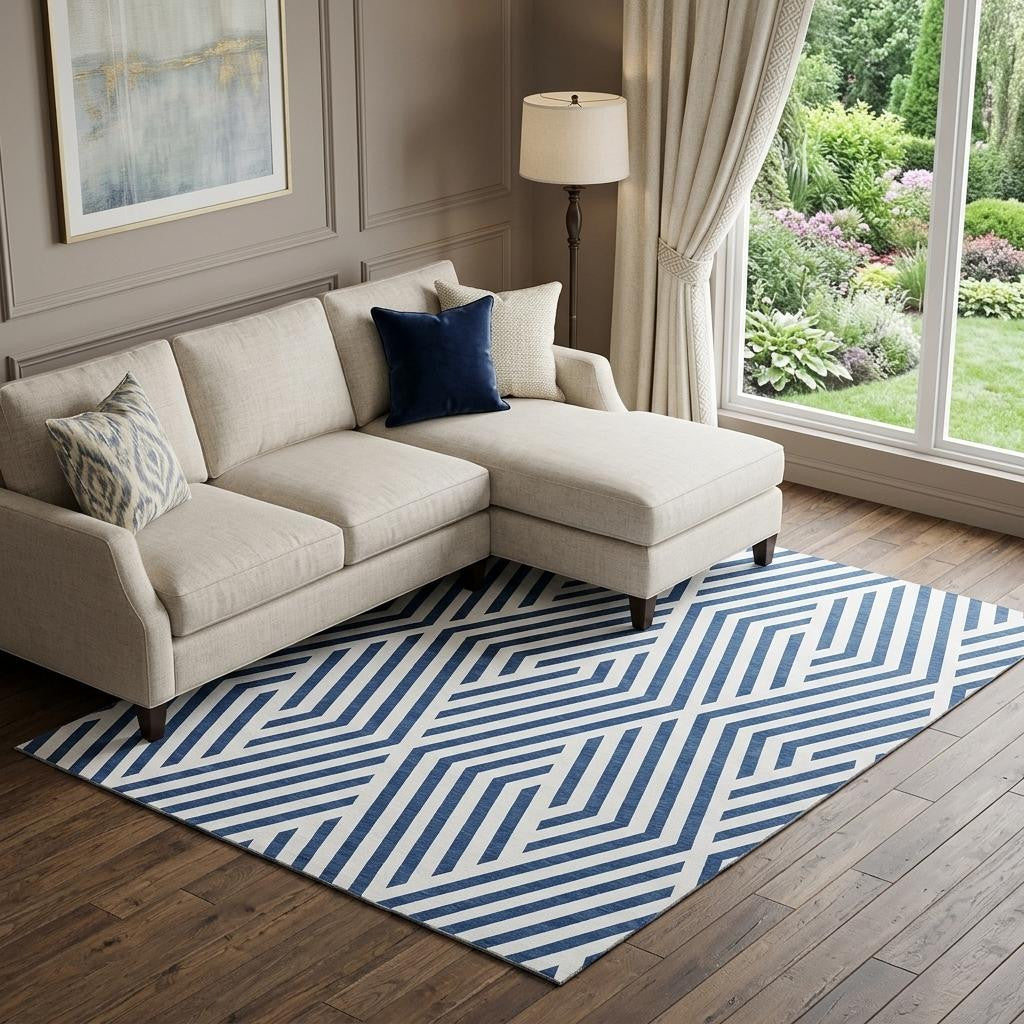 8 X 10 Navy Blue And Ivory Geometric Washable Area Rug With UV Protection